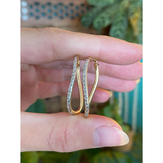 Vintage 14k White & Yellow Gold Clear Enamel Hoop Earrings