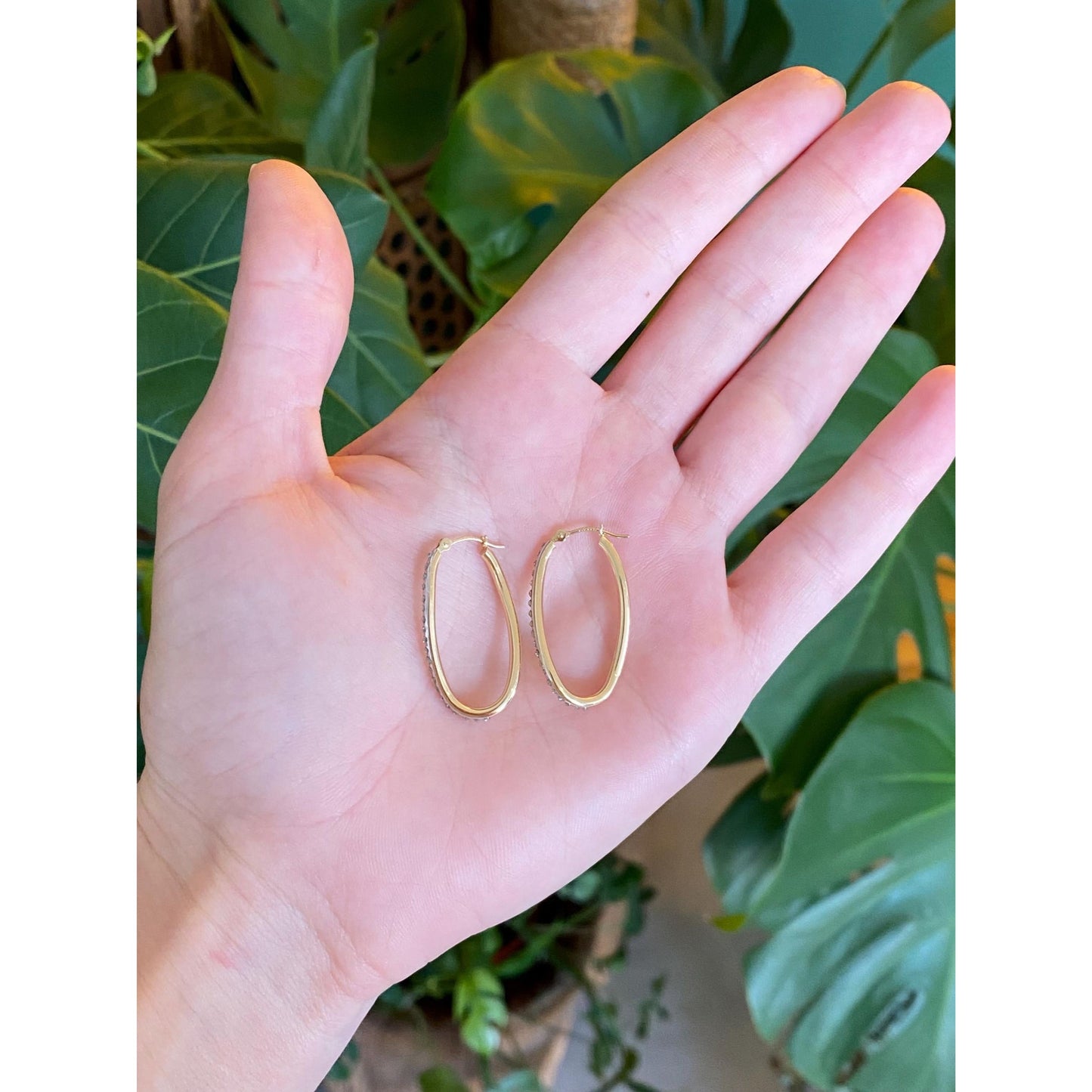 Vintage 14k White & Yellow Gold Clear Enamel Hoop Earrings