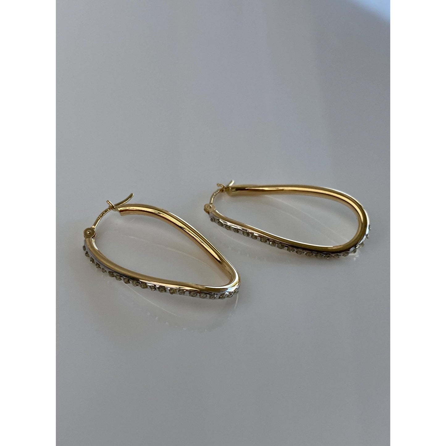 Vintage 14k White & Yellow Gold Clear Enamel Hoop Earrings