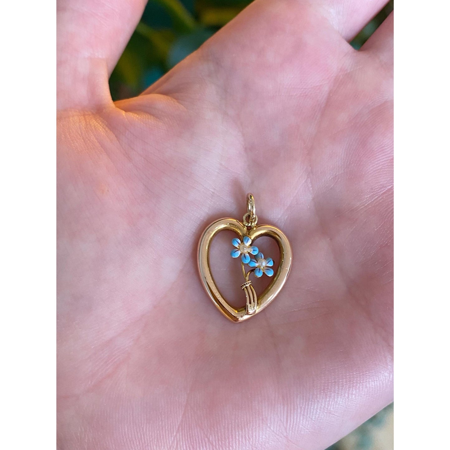 Vintage 14k Yellow Gold Seed Pearls Enamel Flowers Heart Charm