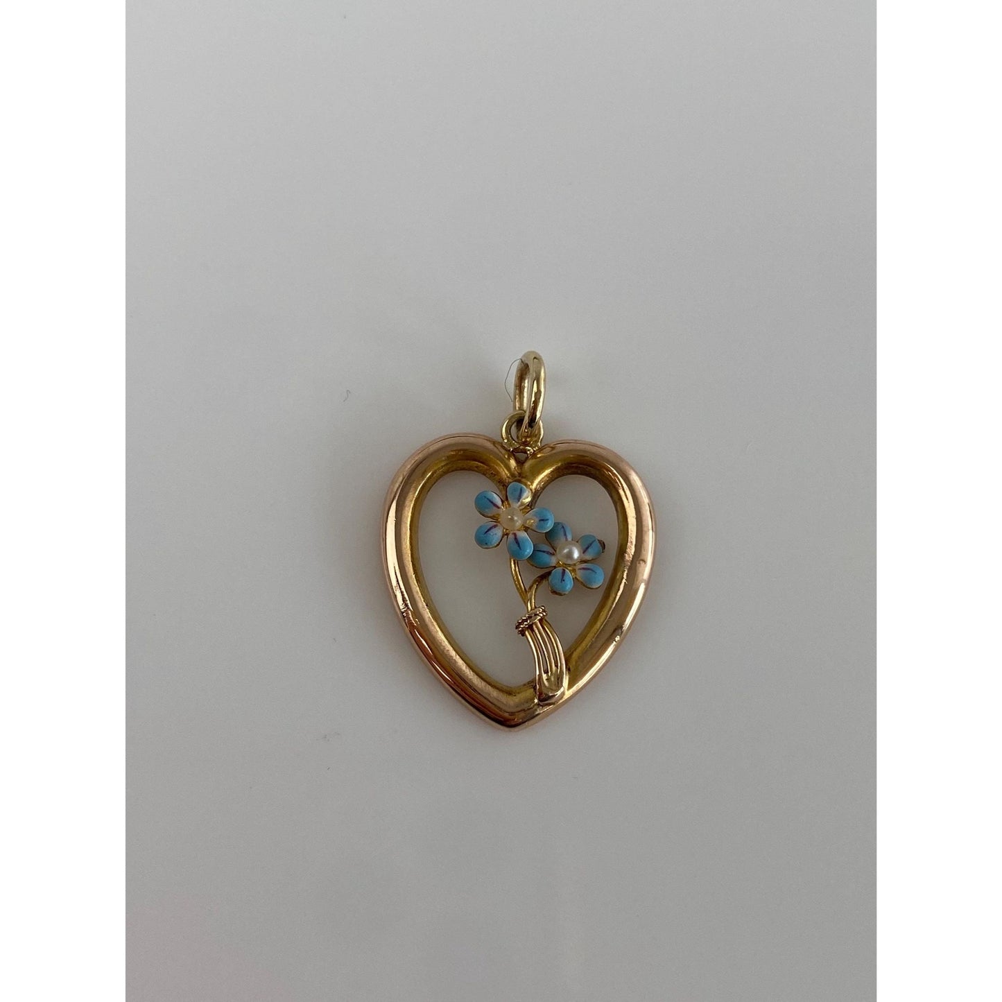 Vintage 14k Yellow Gold Seed Pearls Enamel Flowers Heart Charm