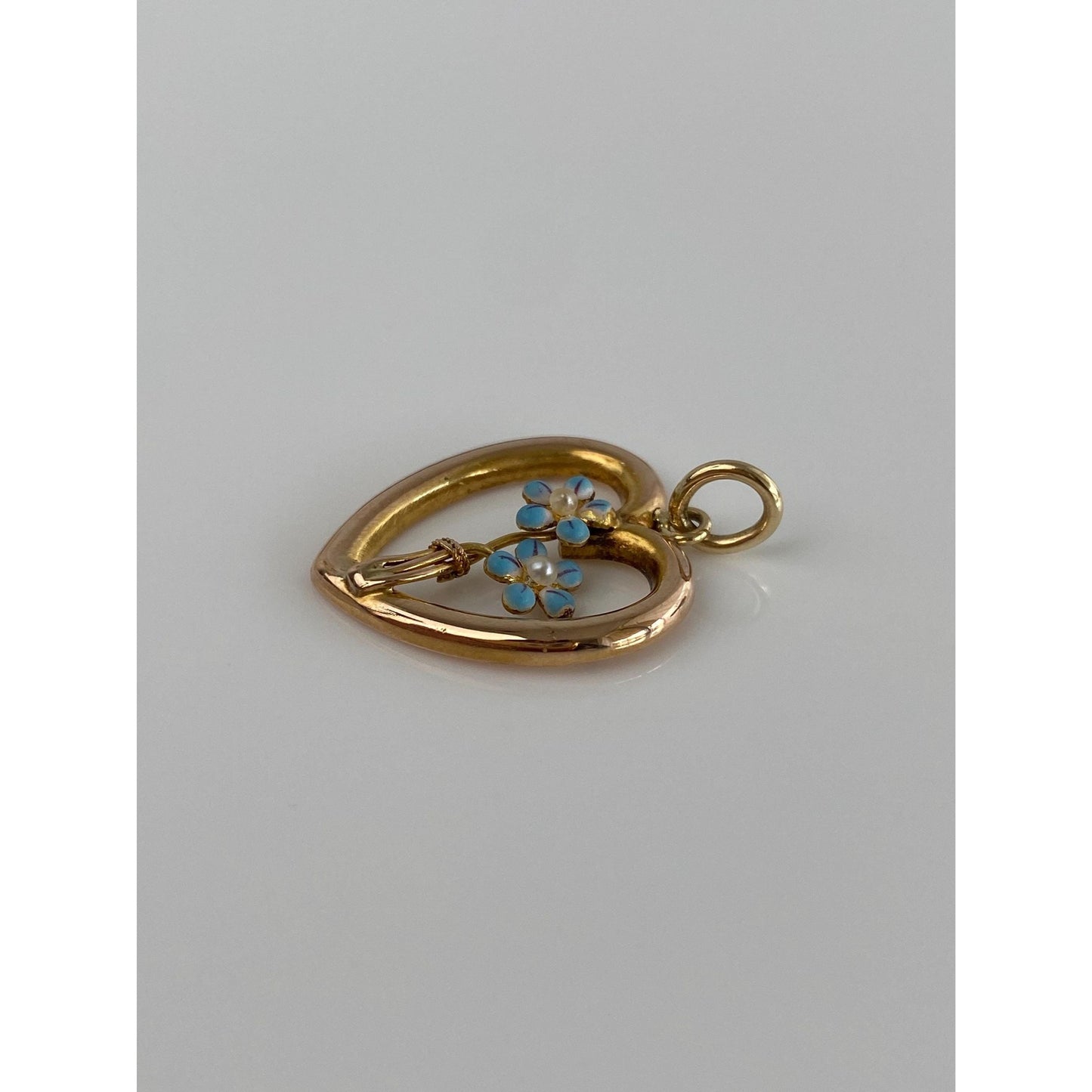 Vintage 14k Yellow Gold Seed Pearls Enamel Flowers Heart Charm