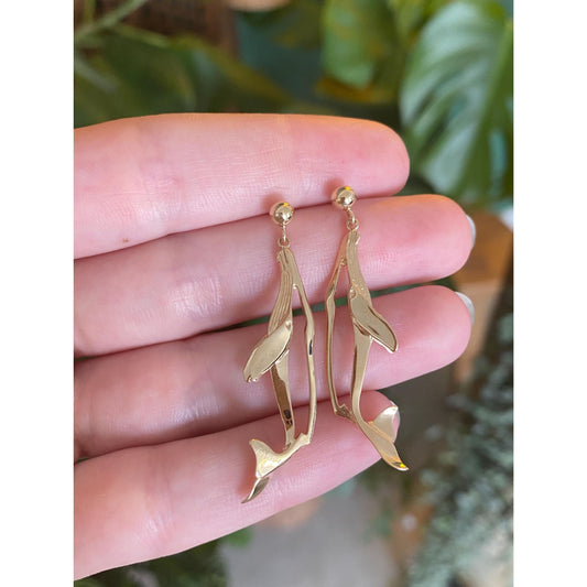 Vintage Solid 14k Yellow Gold Whale Dangle Stud Earrings