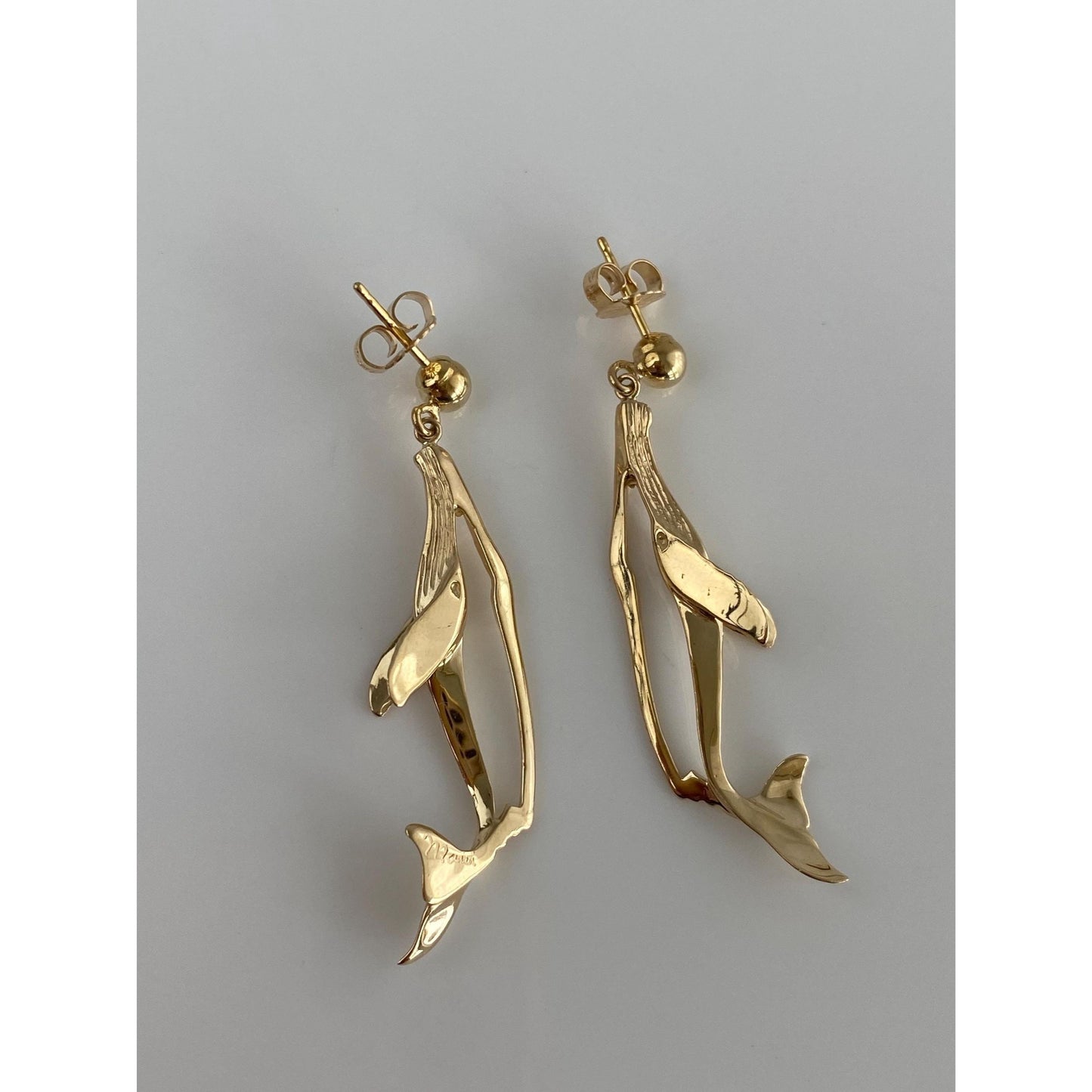 Vintage Solid 14k Yellow Gold Whale Dangle Stud Earrings