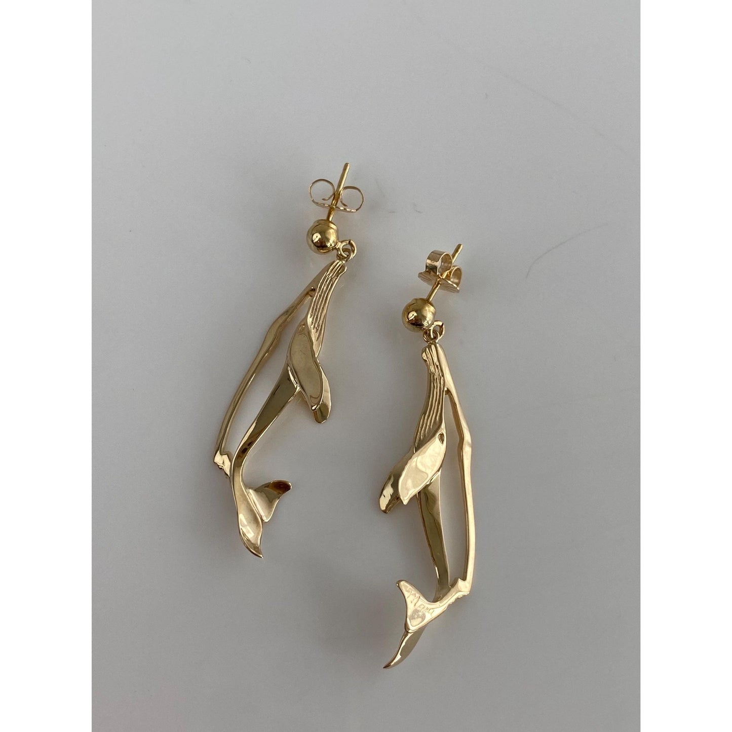 Vintage Solid 14k Yellow Gold Whale Dangle Stud Earrings