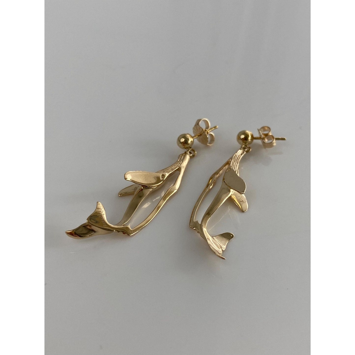 Vintage Solid 14k Yellow Gold Whale Dangle Stud Earrings