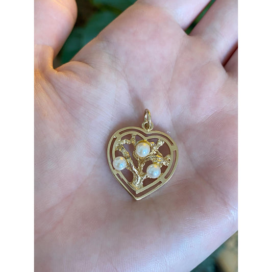 Vintage Solid 14k Yellow Gold Pearls Tree Heart Charm