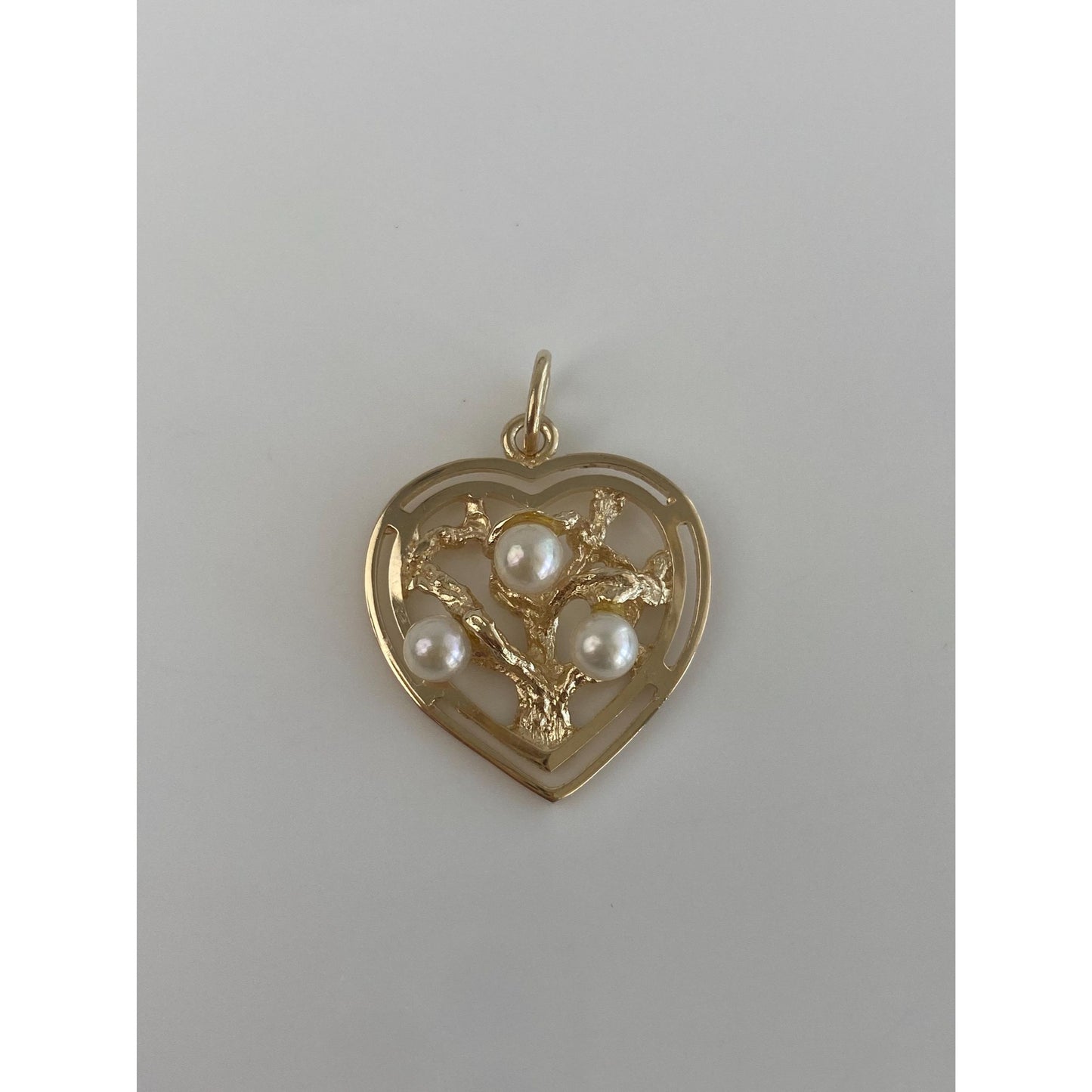 Vintage Solid 14k Yellow Gold Pearls Tree Heart Charm