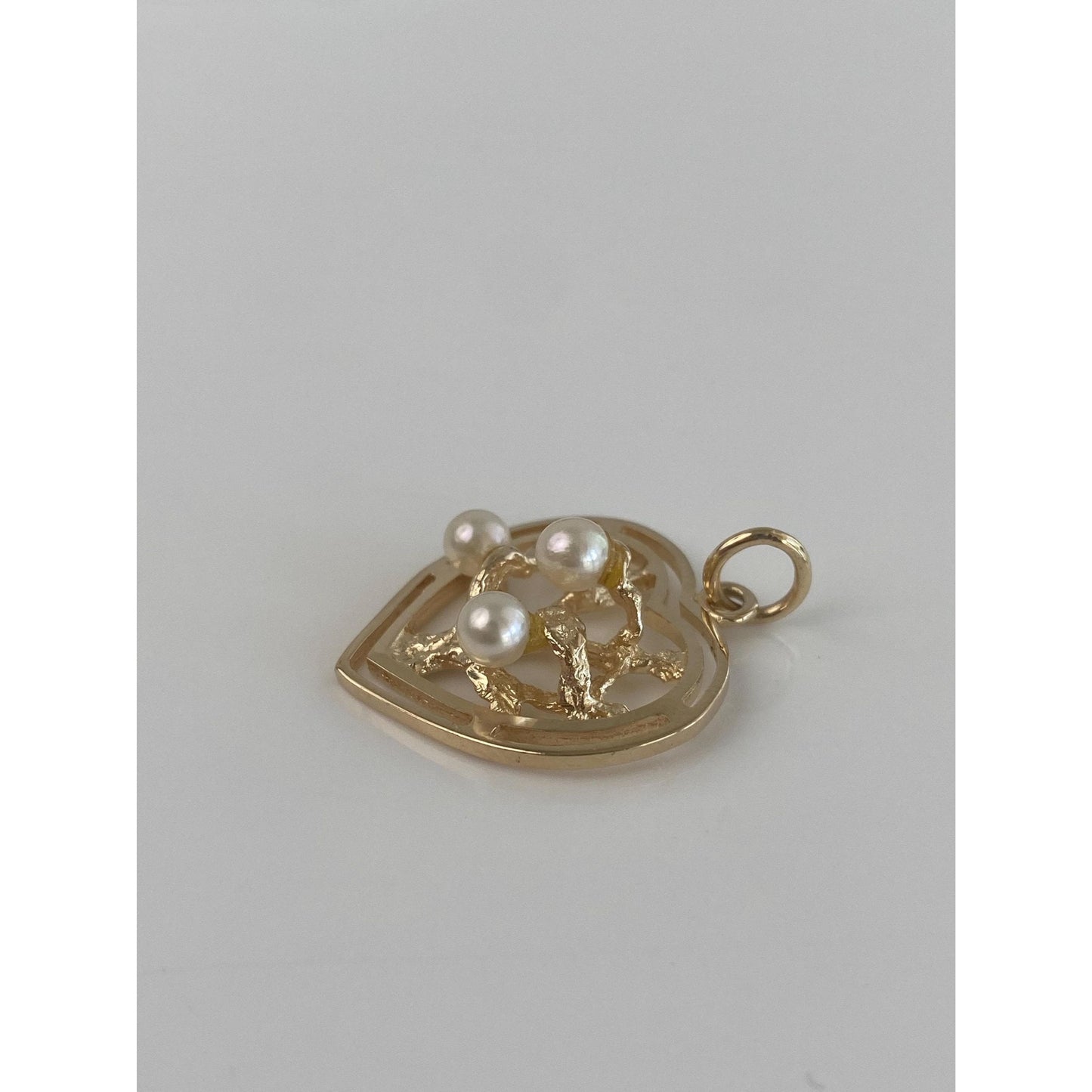 Vintage Solid 14k Yellow Gold Pearls Tree Heart Charm
