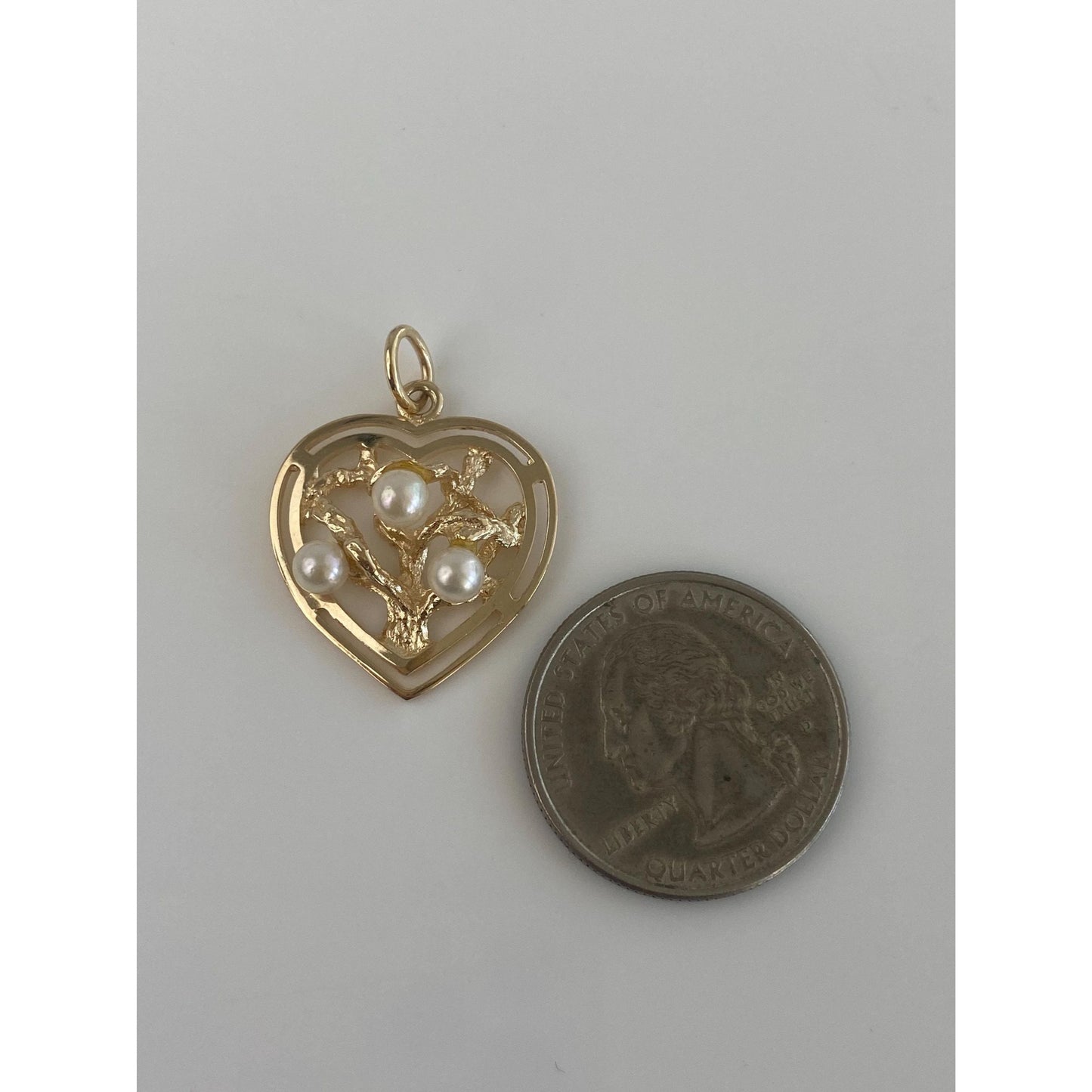 Vintage Solid 14k Yellow Gold Pearls Tree Heart Charm