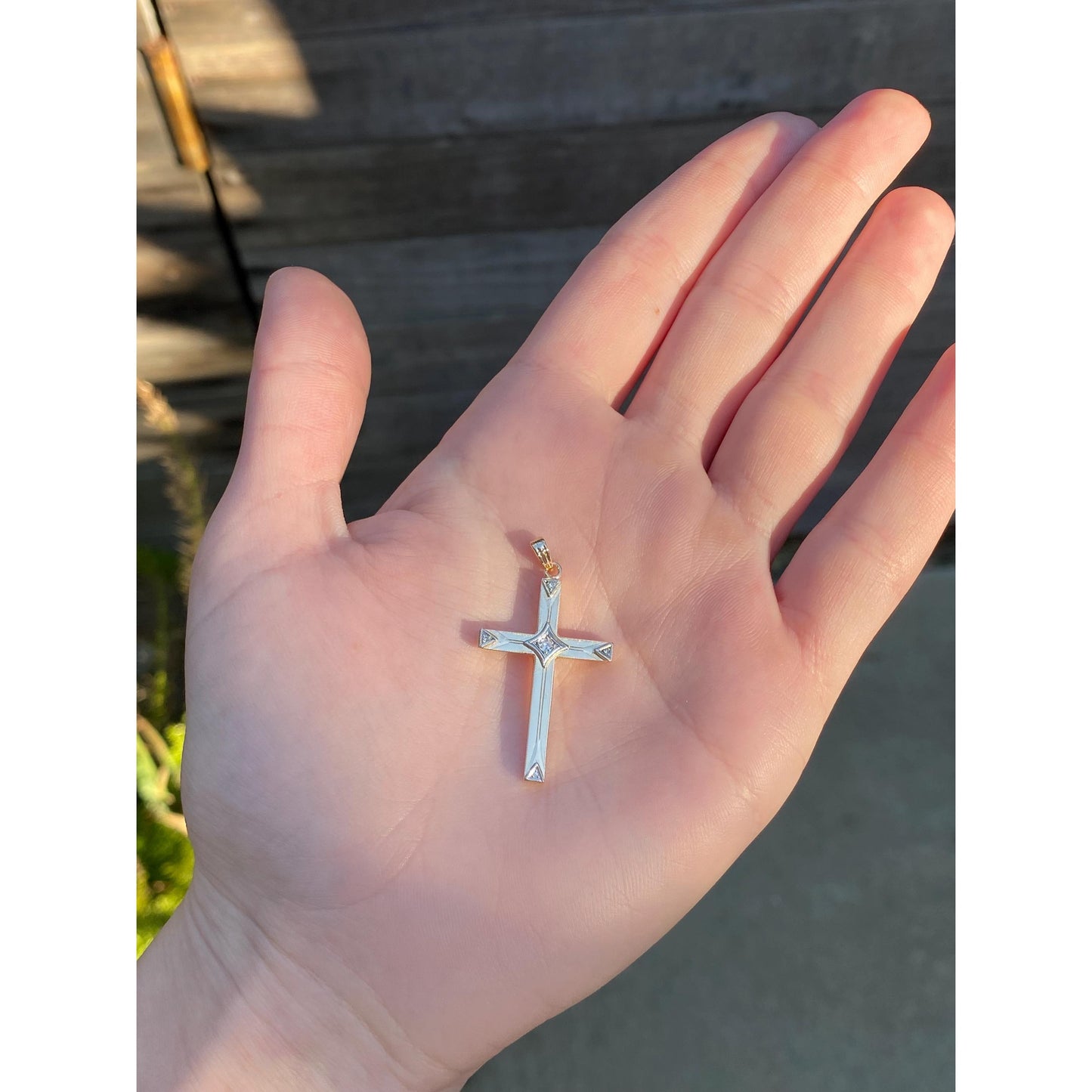 Vintage 14k White & Yellow Gold Diamond Cross Charm