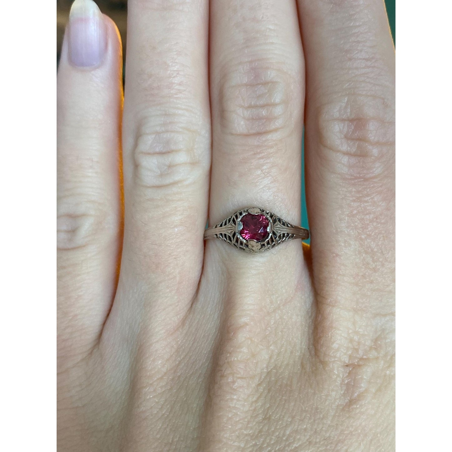 Vintage Solid 14k White Gold Pink Tourmaline Art Deco Ring - Size 8.5