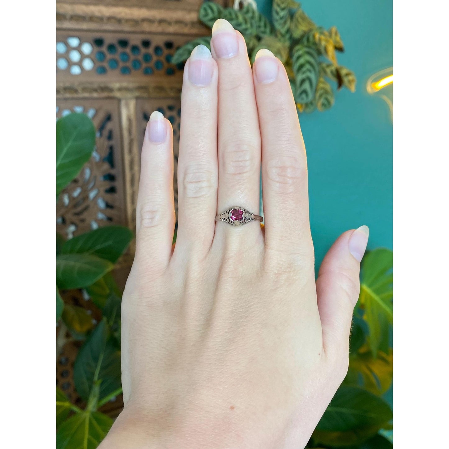 Vintage Solid 14k White Gold Pink Tourmaline Art Deco Ring - Size 8.5