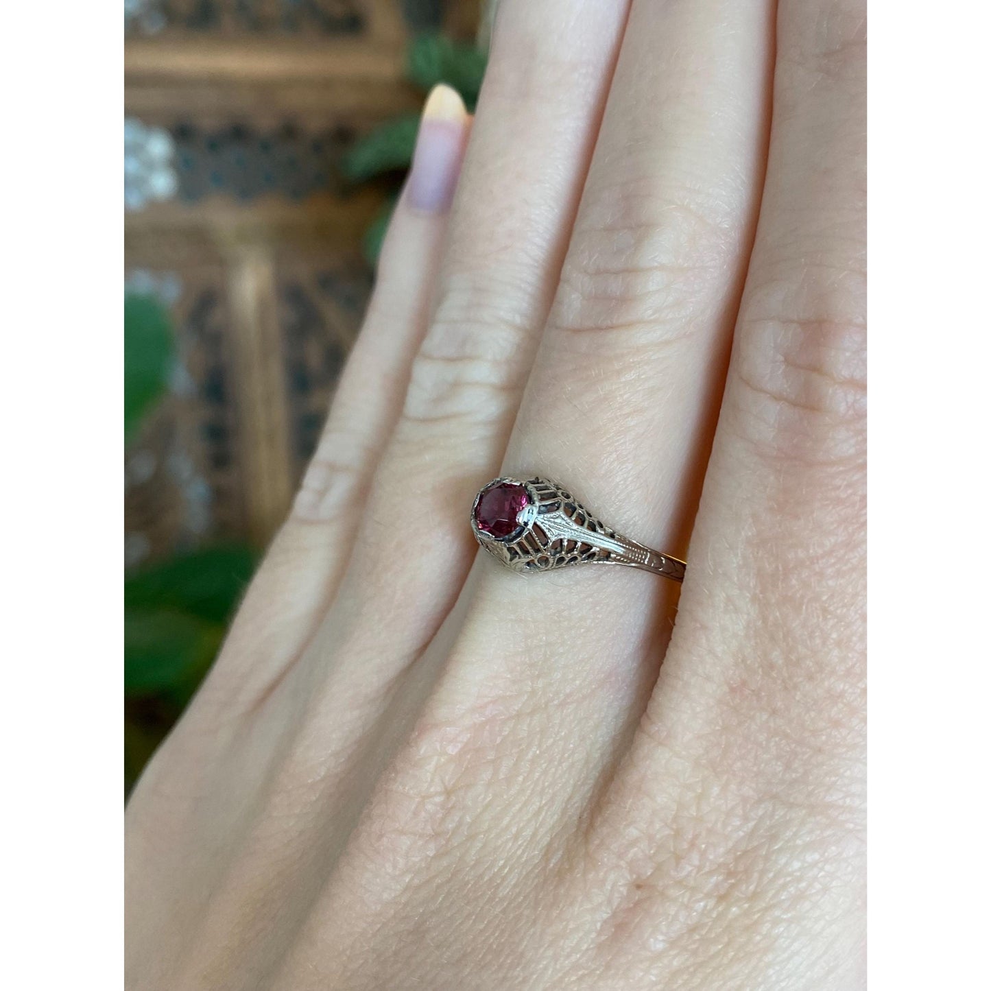 Vintage Solid 14k White Gold Pink Tourmaline Art Deco Ring - Size 8.5