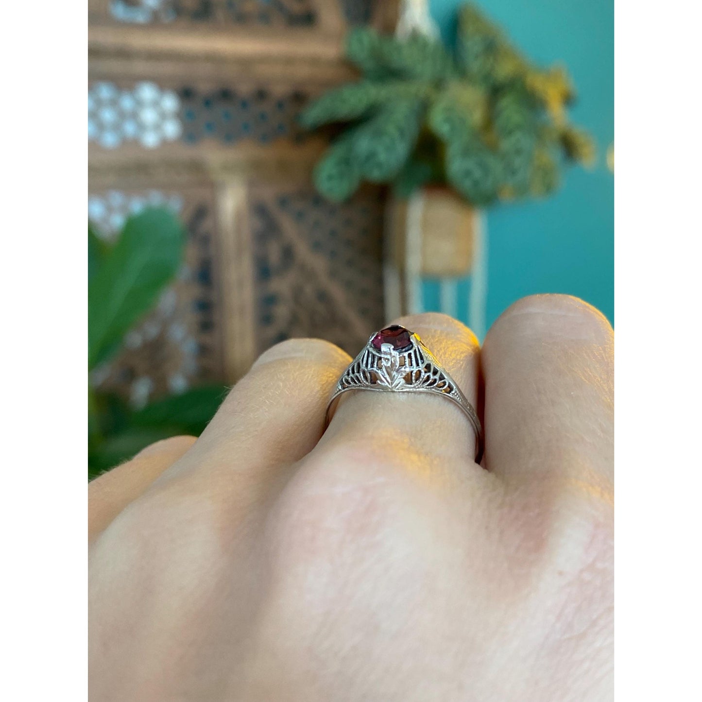 Vintage Solid 14k White Gold Pink Tourmaline Art Deco Ring - Size 8.5