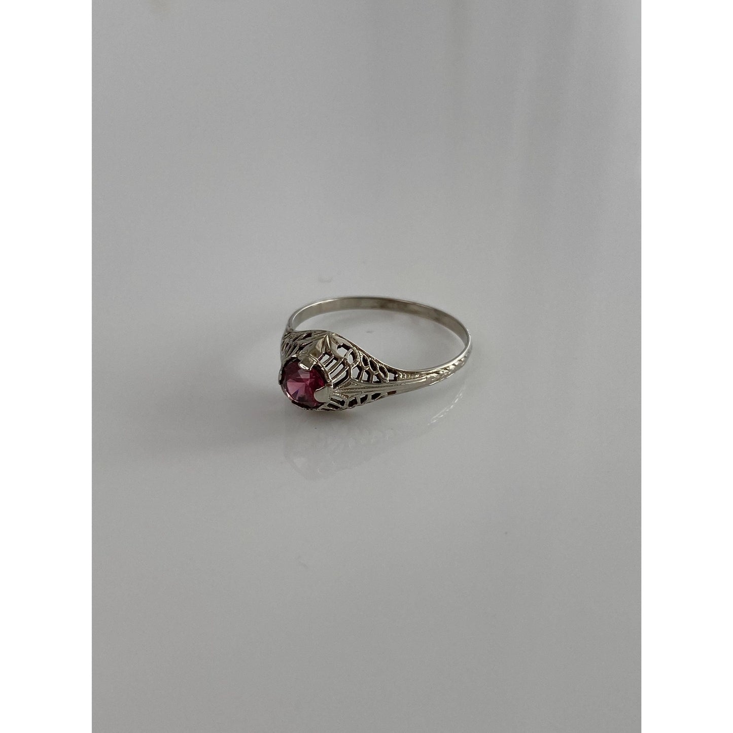 Vintage Solid 14k White Gold Pink Tourmaline Art Deco Ring - Size 8.5