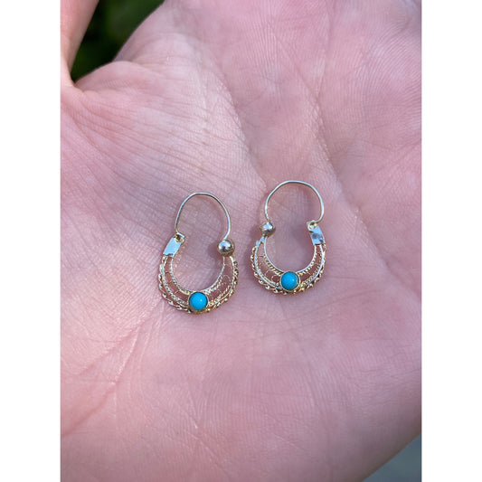 Vintage Solid 9k Yellow Gold Tiny Turquoise Filigree Hoop Earrings