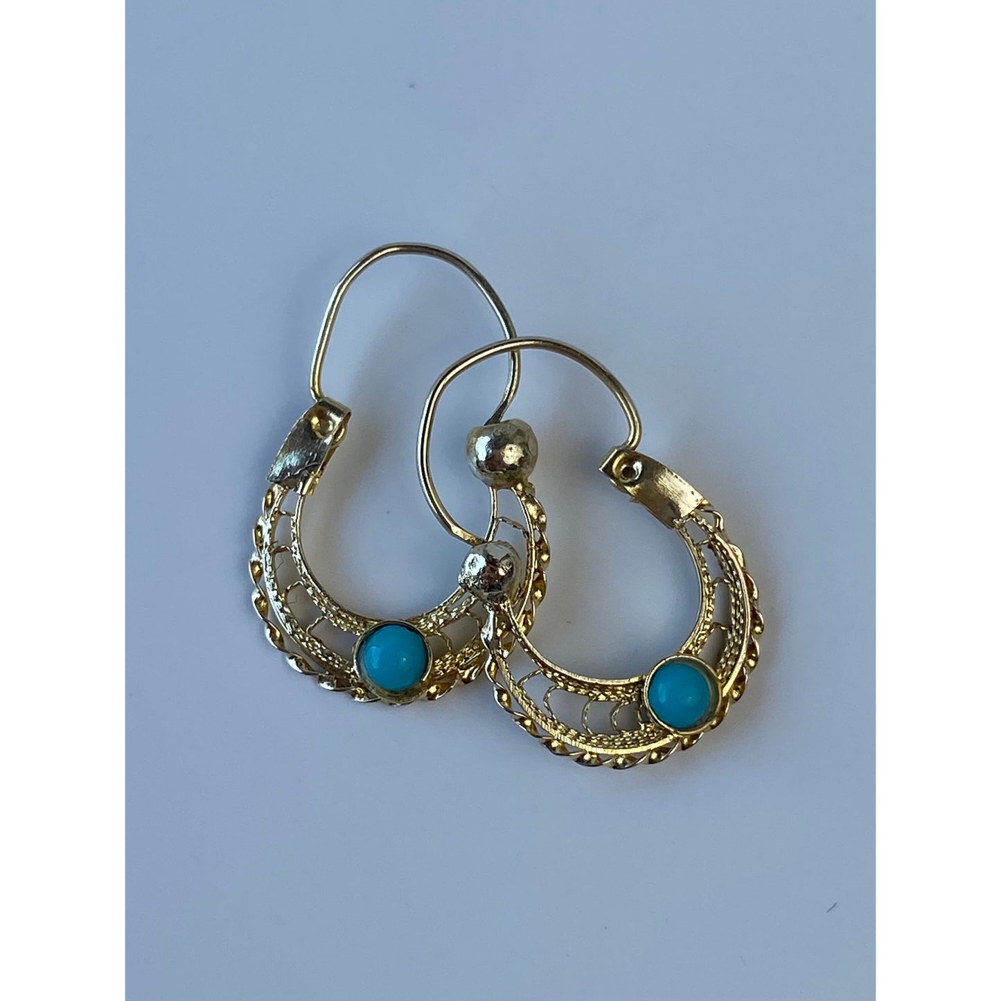 Vintage Solid 9k Yellow Gold Tiny Turquoise Filigree Hoop Earrings