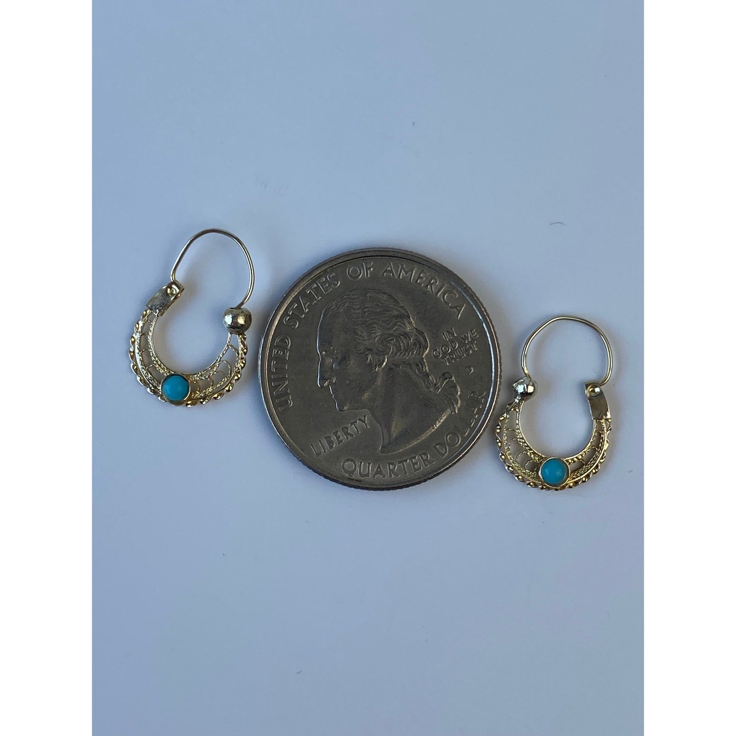 Vintage Solid 9k Yellow Gold Tiny Turquoise Filigree Hoop Earrings