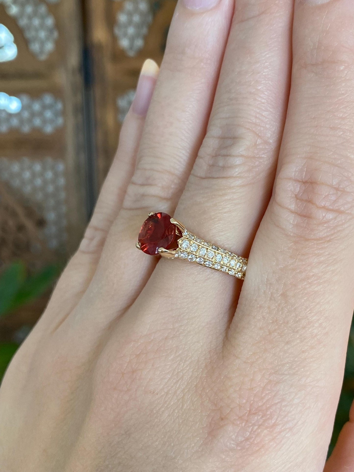 Solid 14k Yellow Gold Oregon Sunstone Diamond Pave Ring Band - Size 7.5