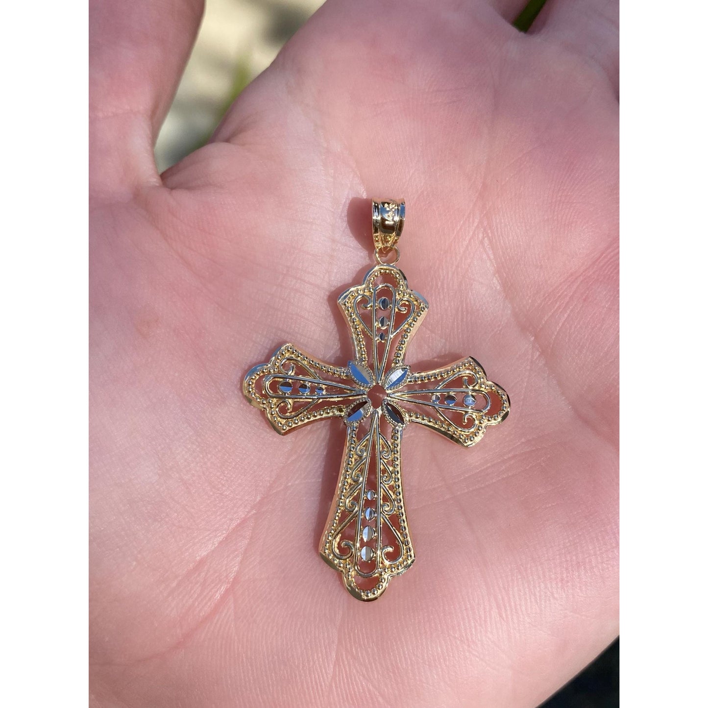 Vintage Solid 14k White & Yellow Gold Diamond Cut Cross Charm