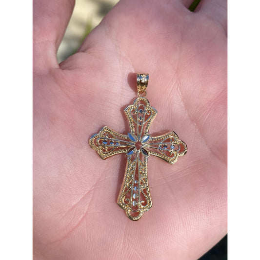 Vintage Solid 14k White & Yellow Gold Diamond Cut Cross Charm