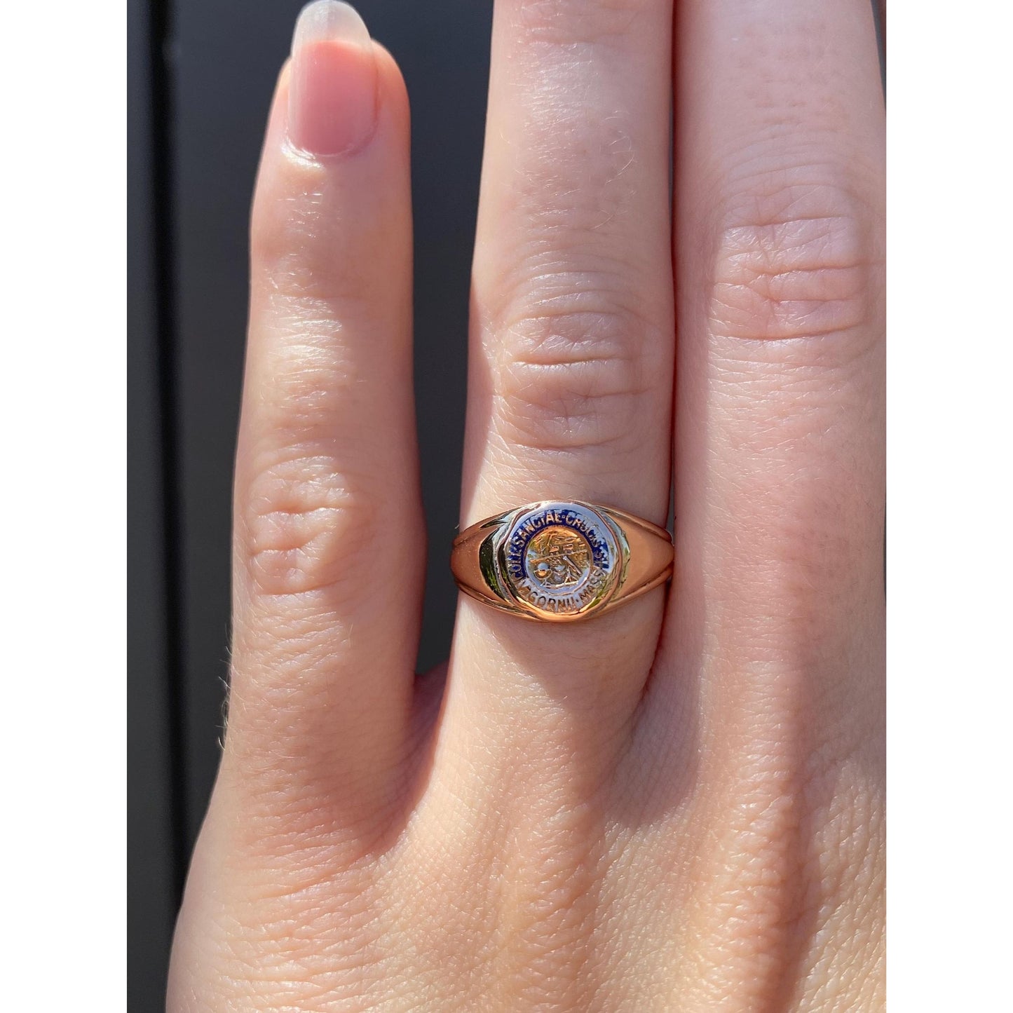 Vintage Solid 14k Yellow Gold Enamel Signet Ring - Size 6