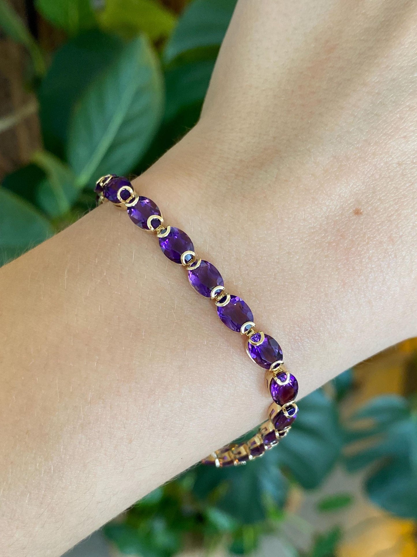 Vintage Solid 14k Yellow Gold Amethyst Link Bracelet - 7.25 inches