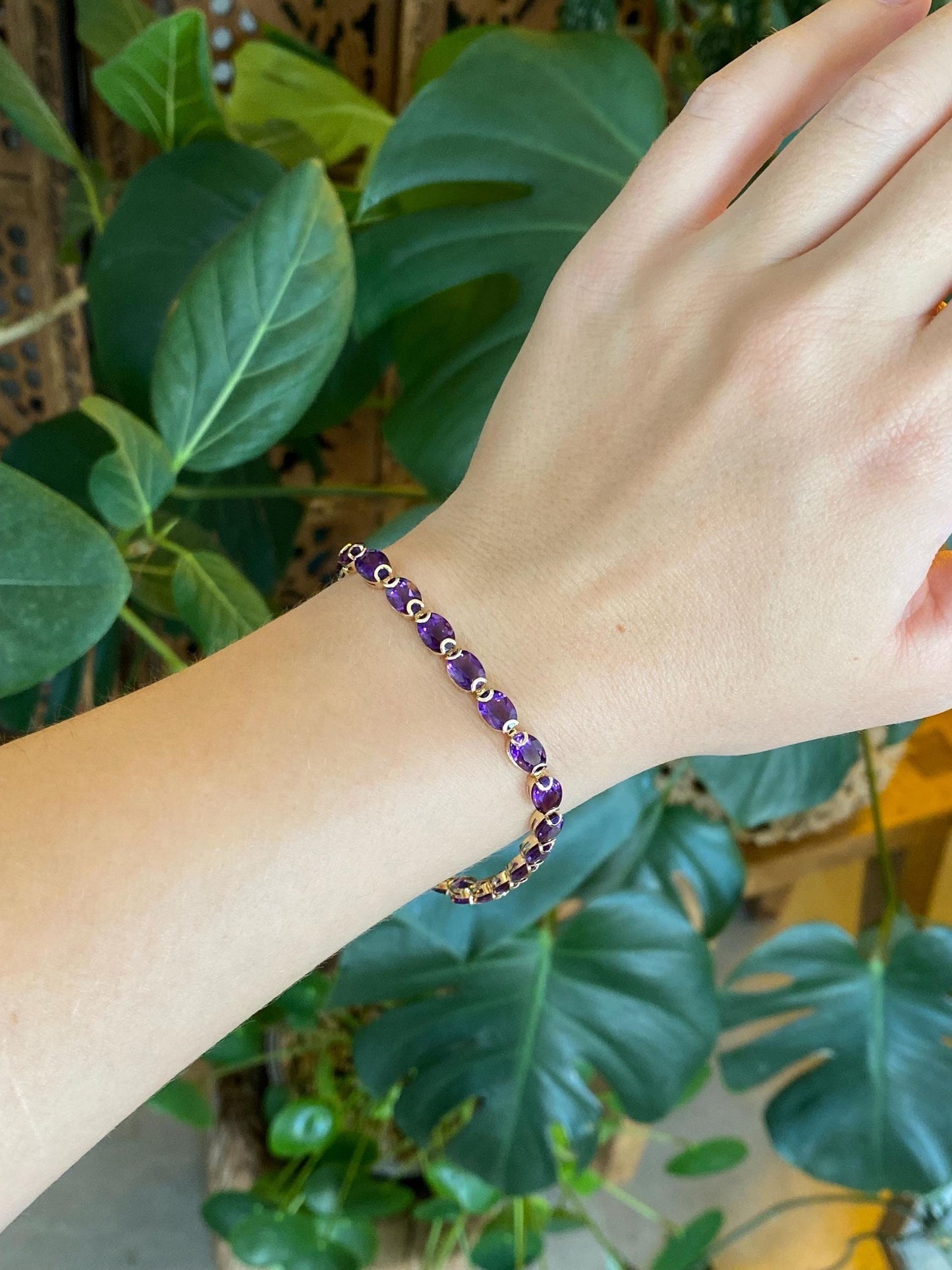 Vintage Solid 14k Yellow Gold Amethyst Link Bracelet - 7.25 inches