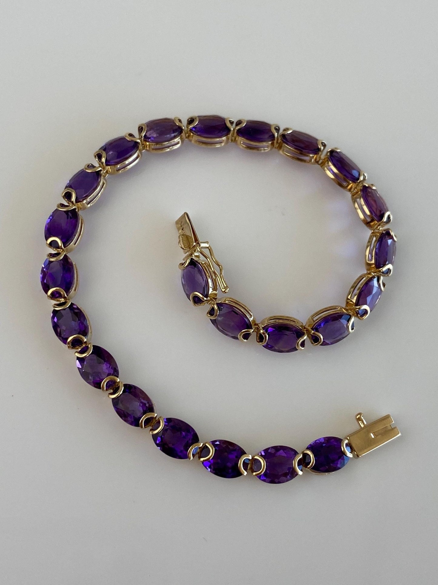 Vintage Solid 14k Yellow Gold Amethyst Link Bracelet - 7.25 inches