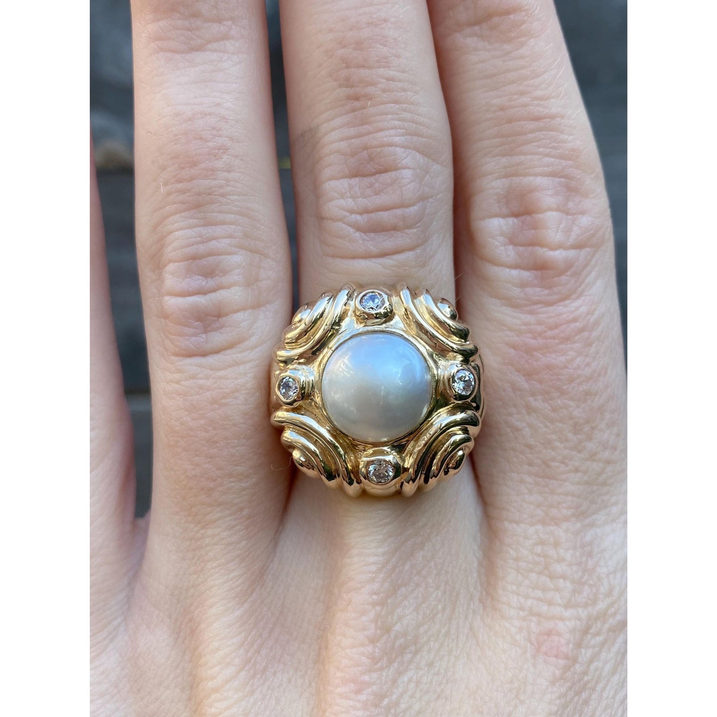 Vintage Solid 14k Yellow Gold Pearl Clear Cubic Zirconia Ring - Size 6