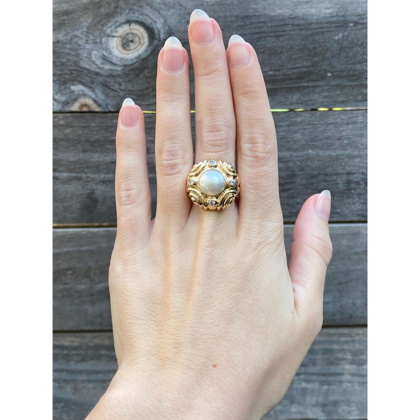 Vintage Solid 14k Yellow Gold Pearl Clear Cubic Zirconia Ring - Size 6