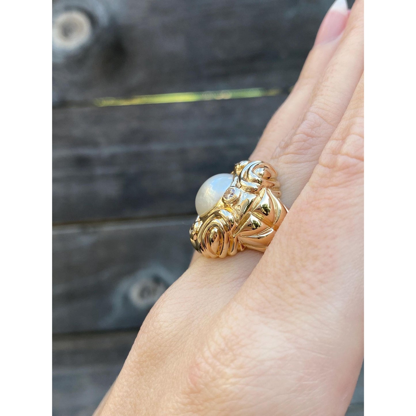 Vintage Solid 14k Yellow Gold Pearl Clear Cubic Zirconia Ring - Size 6