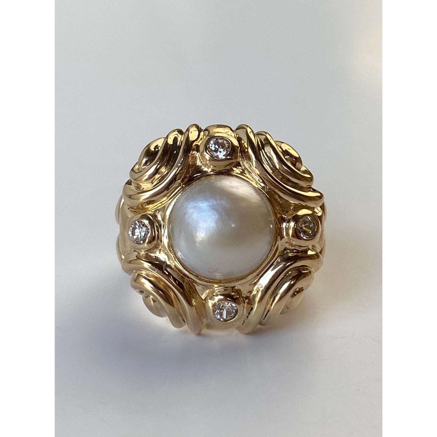 Vintage Solid 14k Yellow Gold Pearl Clear Cubic Zirconia Ring - Size 6
