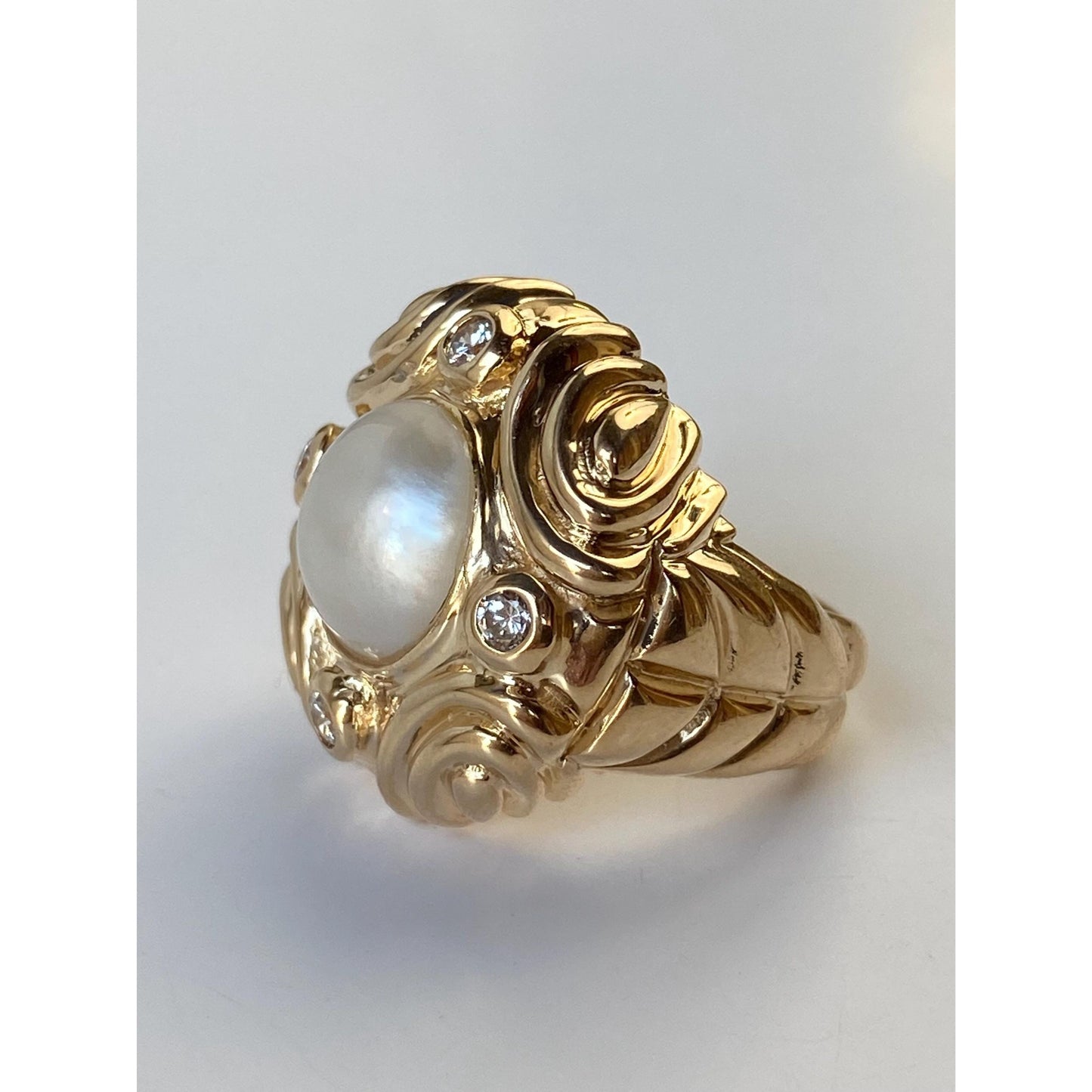 Vintage Solid 14k Yellow Gold Pearl Clear Cubic Zirconia Ring - Size 6