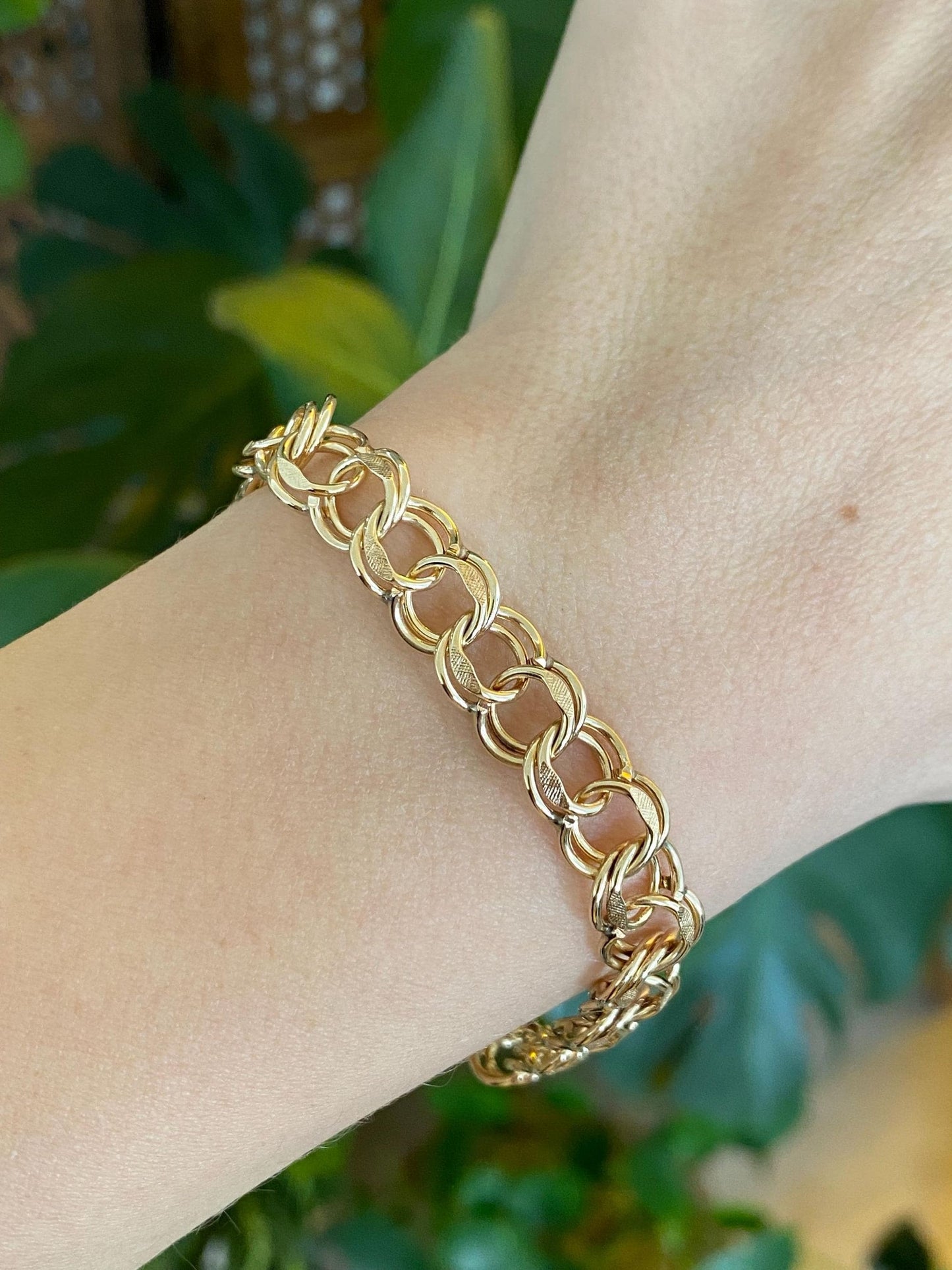 Vintage Solid 14k Yellow Gold Double Link Charm Bracelet - 7 inches