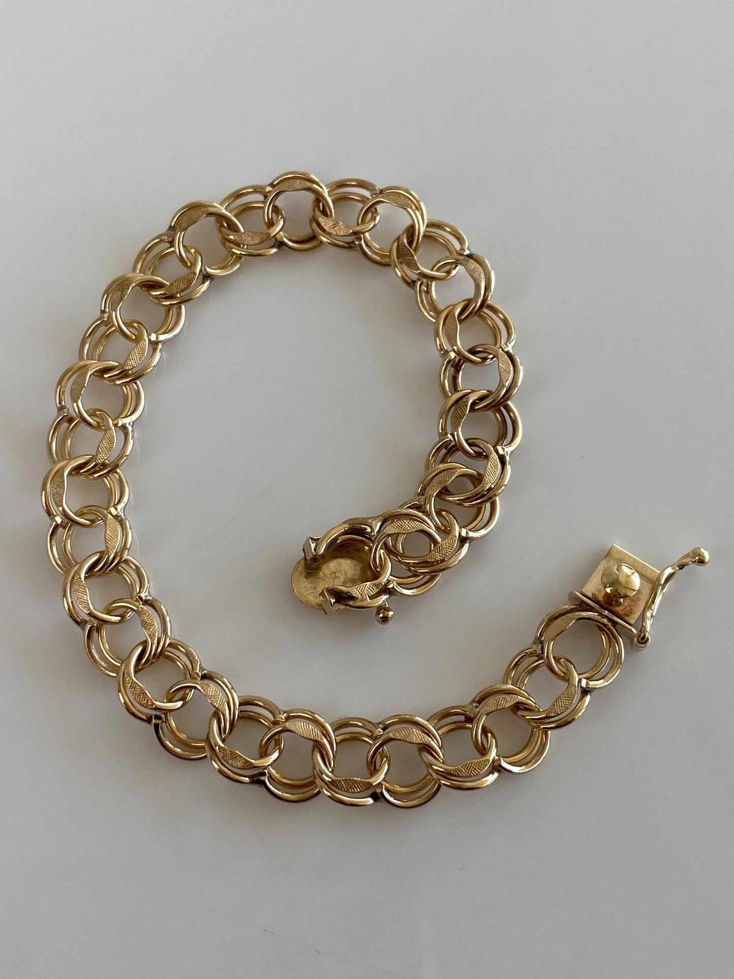 Vintage Solid 14k Yellow Gold Double Link Charm Bracelet - 7 inches