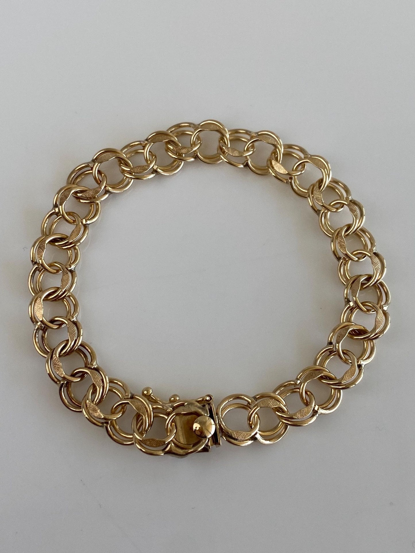 Vintage Solid 14k Yellow Gold Double Link Charm Bracelet - 7 inches