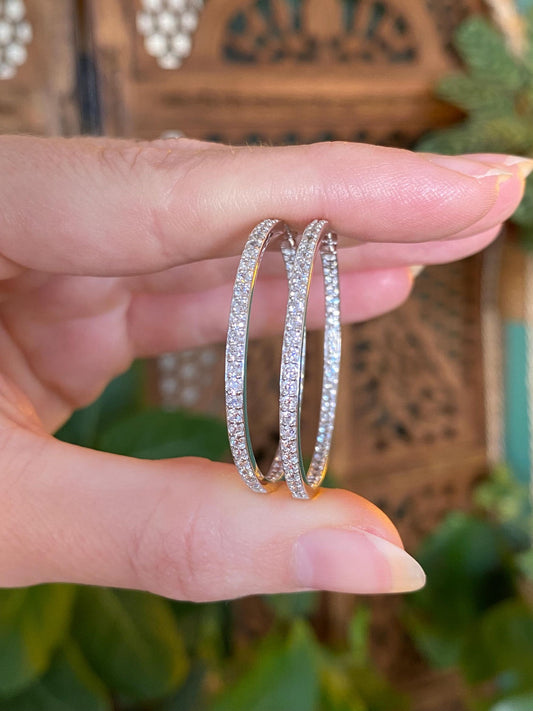 Vintage Solid 14k White Gold Cubic Zirconia Hoop Earrings