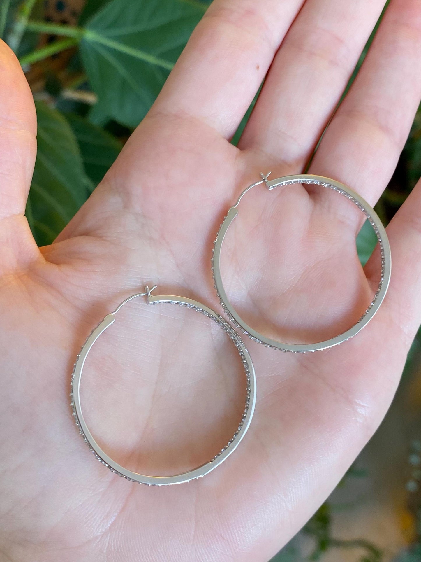 Vintage Solid 14k White Gold Cubic Zirconia Hoop Earrings