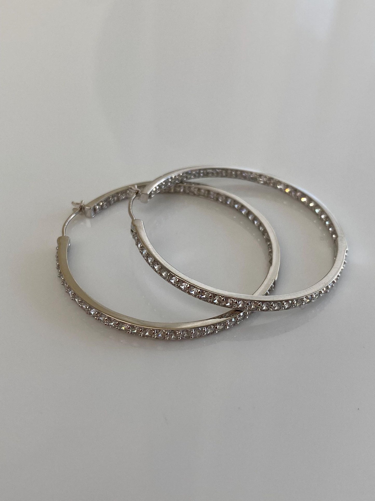 Vintage Solid 14k White Gold Cubic Zirconia Hoop Earrings