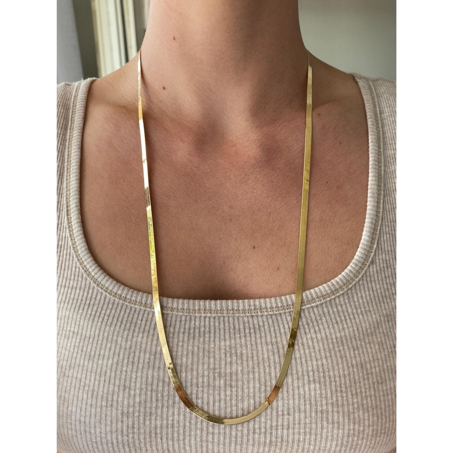 Vintage Solid 14k Yellow Gold Long Herringbone Chain Necklace - 27.75 inches
