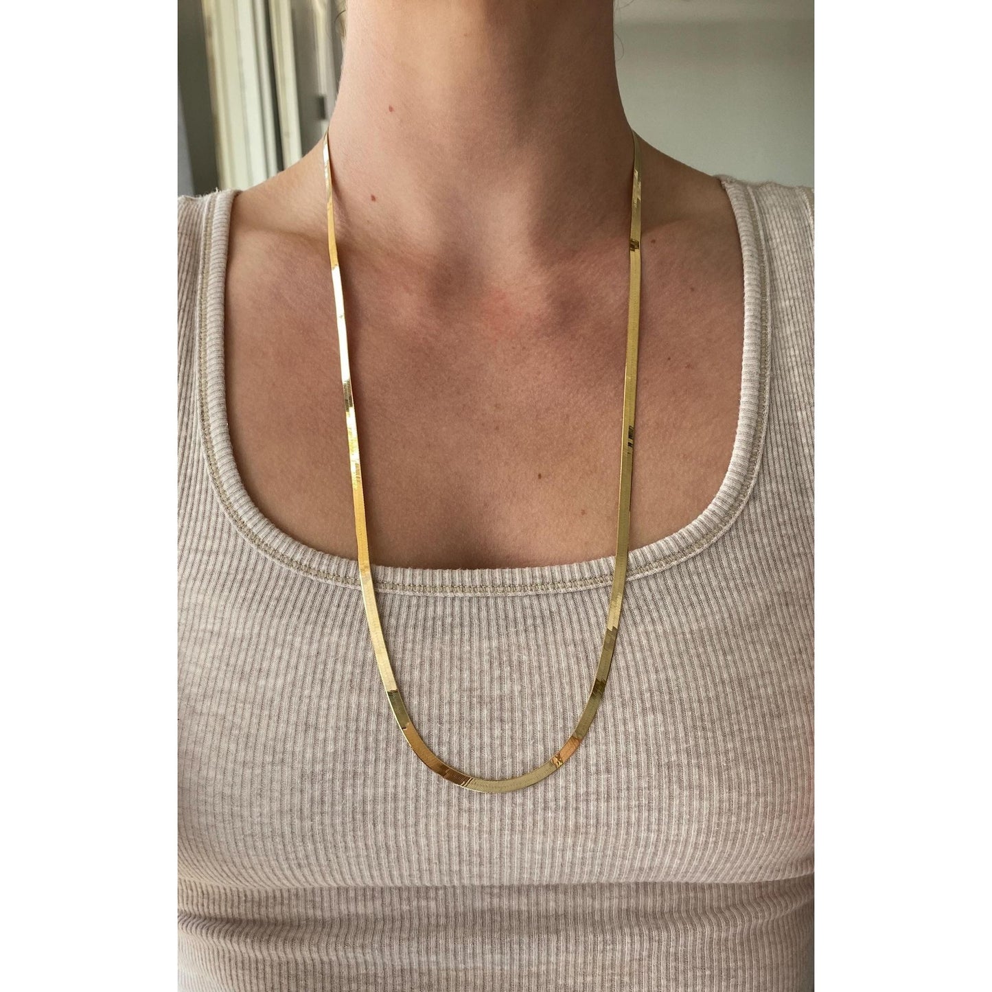 Vintage Solid 14k Yellow Gold Long Herringbone Chain Necklace - 27.75 inches