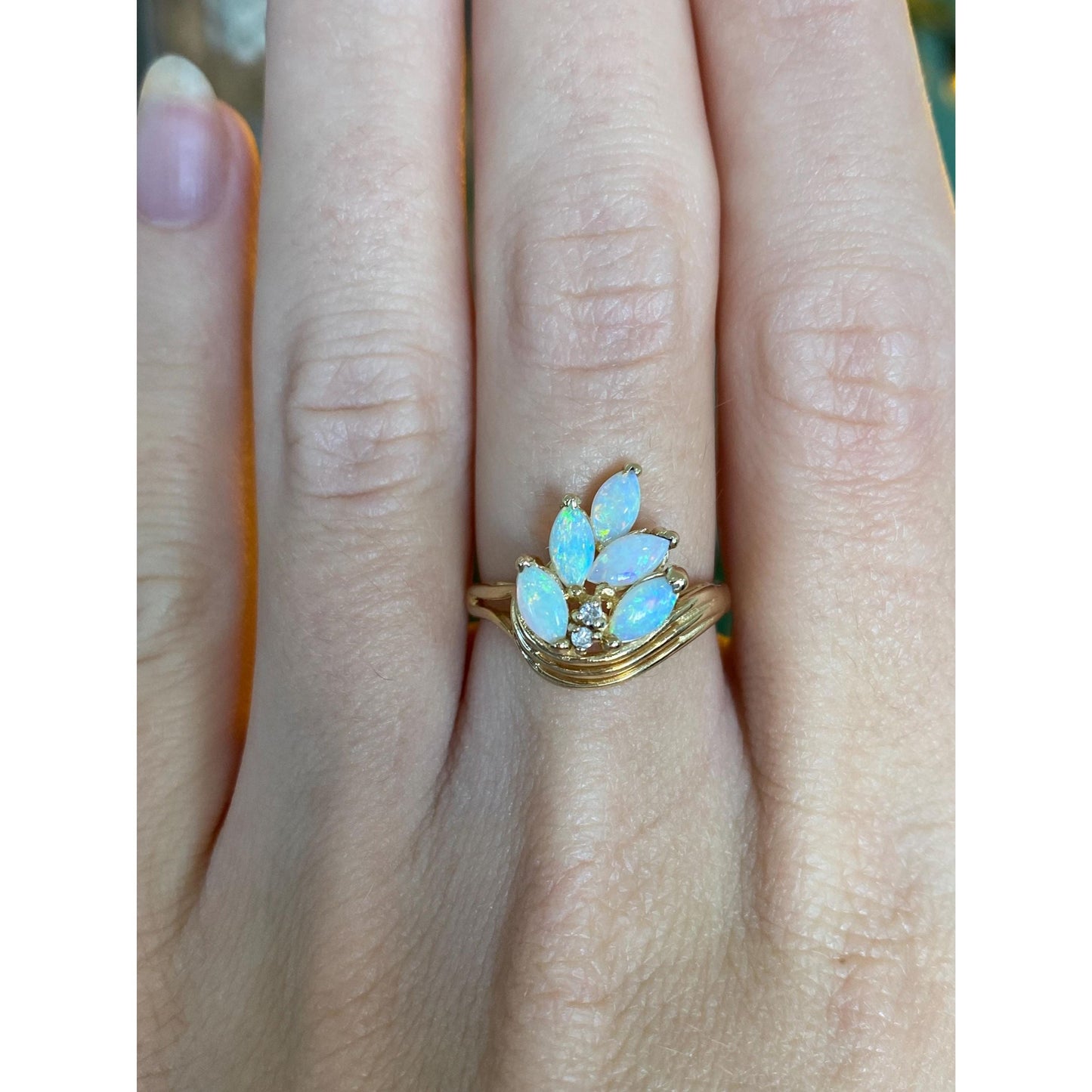 Vintage Solid 14k Yellow Gold Diamond Marquis Opal Ring - Size 5.5