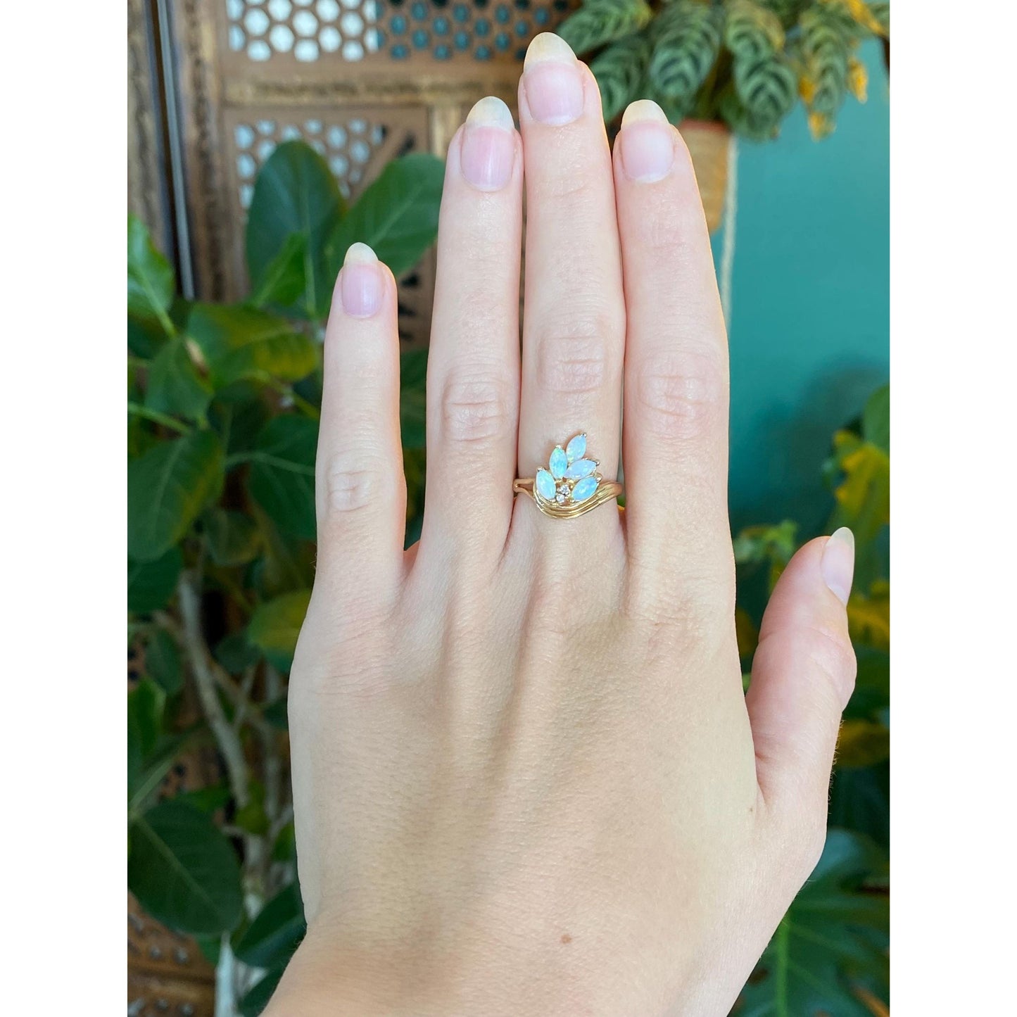 Vintage Solid 14k Yellow Gold Diamond Marquis Opal Ring - Size 5.5