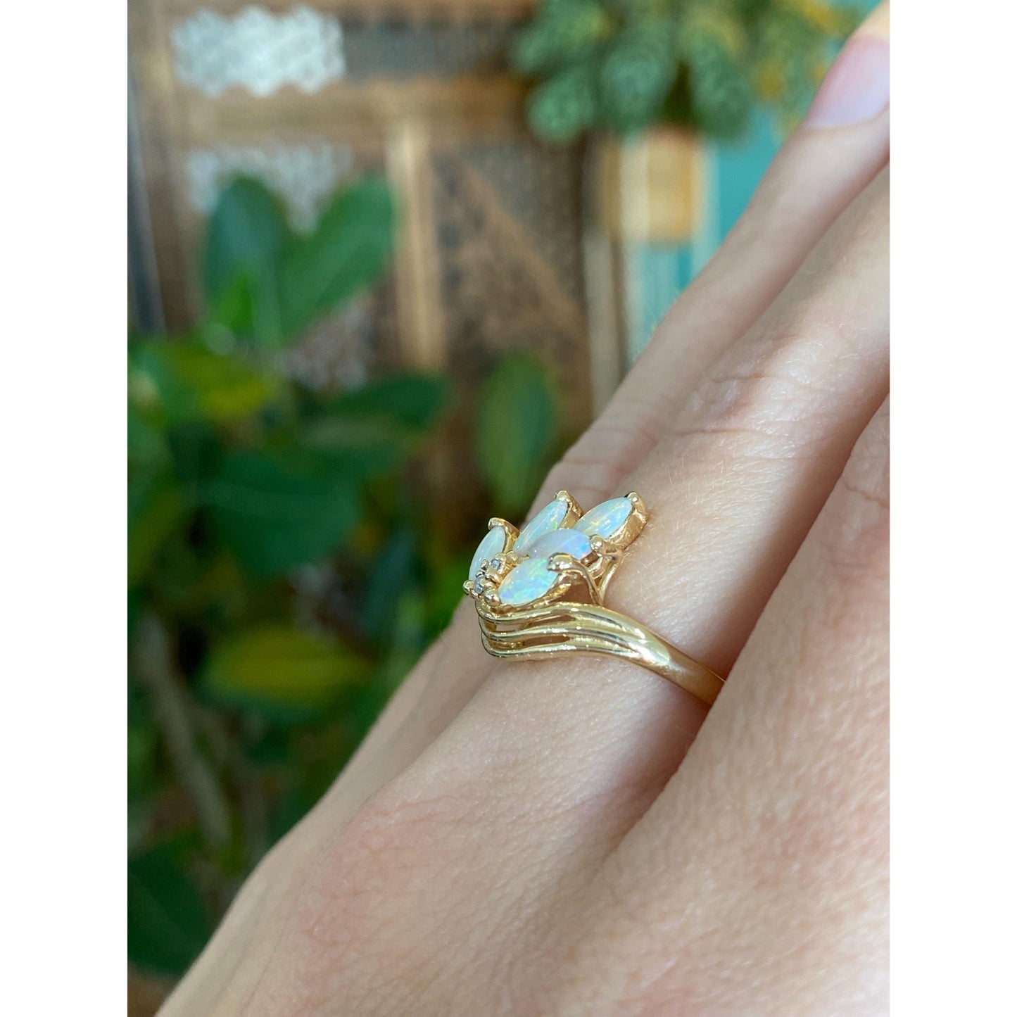 Vintage Solid 14k Yellow Gold Diamond Marquis Opal Ring - Size 5.5