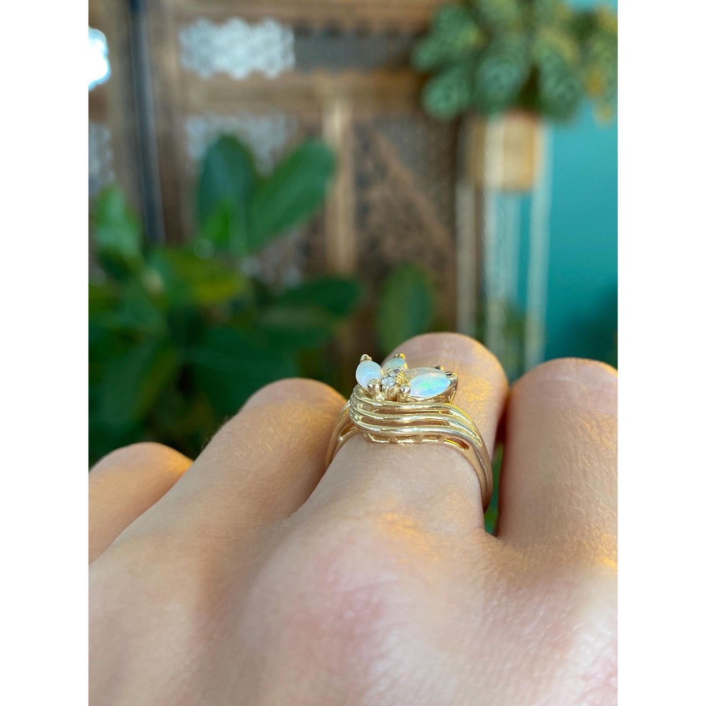 Vintage Solid 14k Yellow Gold Diamond Marquis Opal Ring - Size 5.5