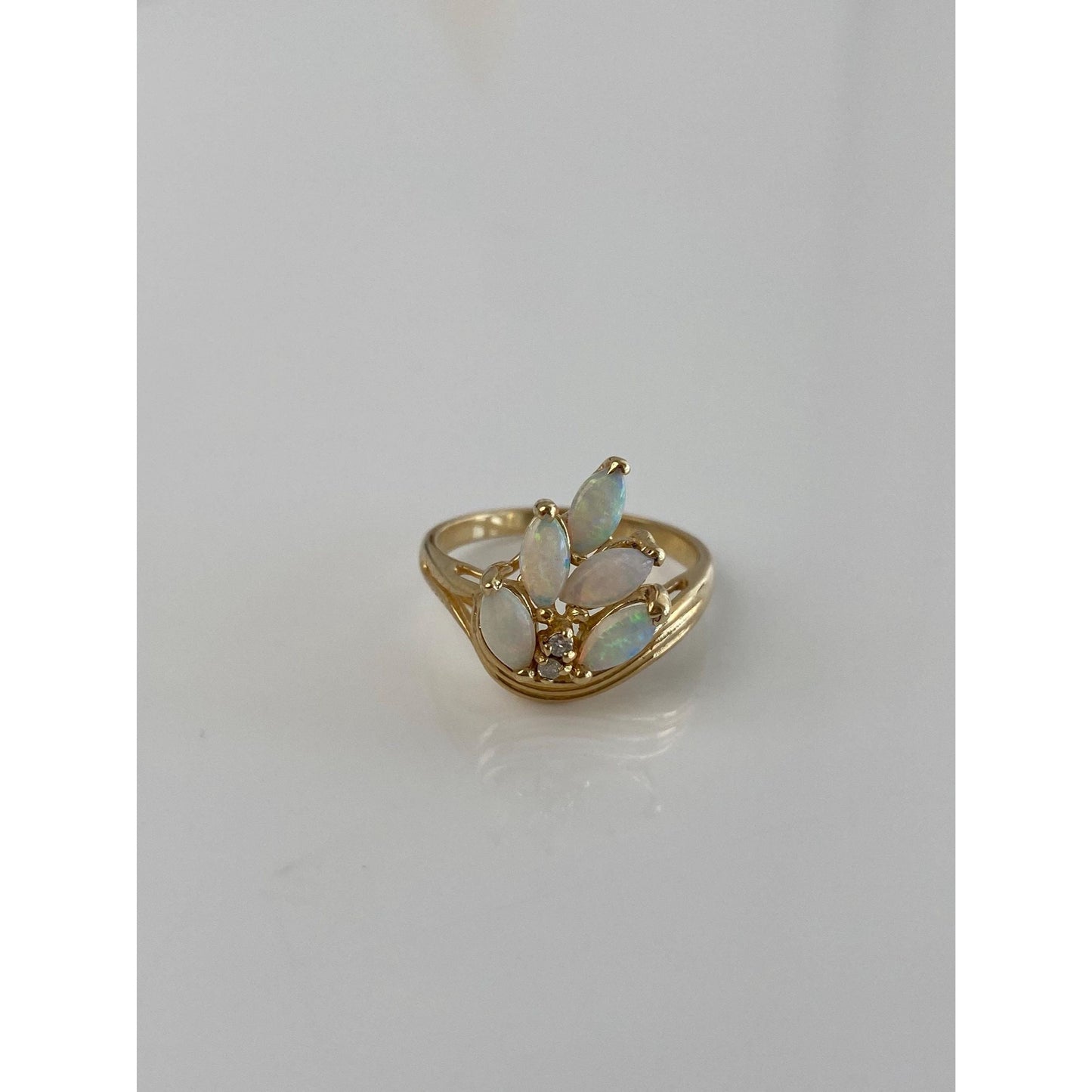 Vintage Solid 14k Yellow Gold Diamond Marquis Opal Ring - Size 5.5