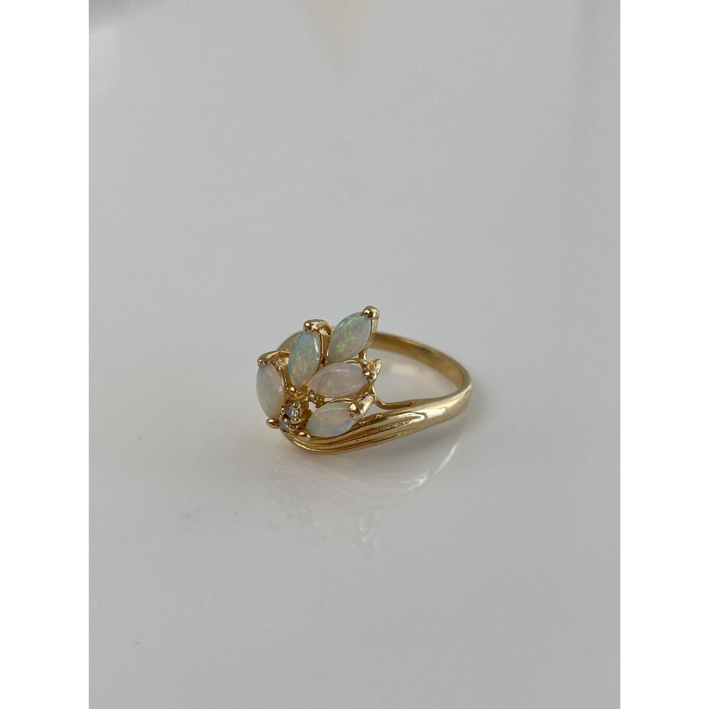 Vintage Solid 14k Yellow Gold Diamond Marquis Opal Ring - Size 5.5