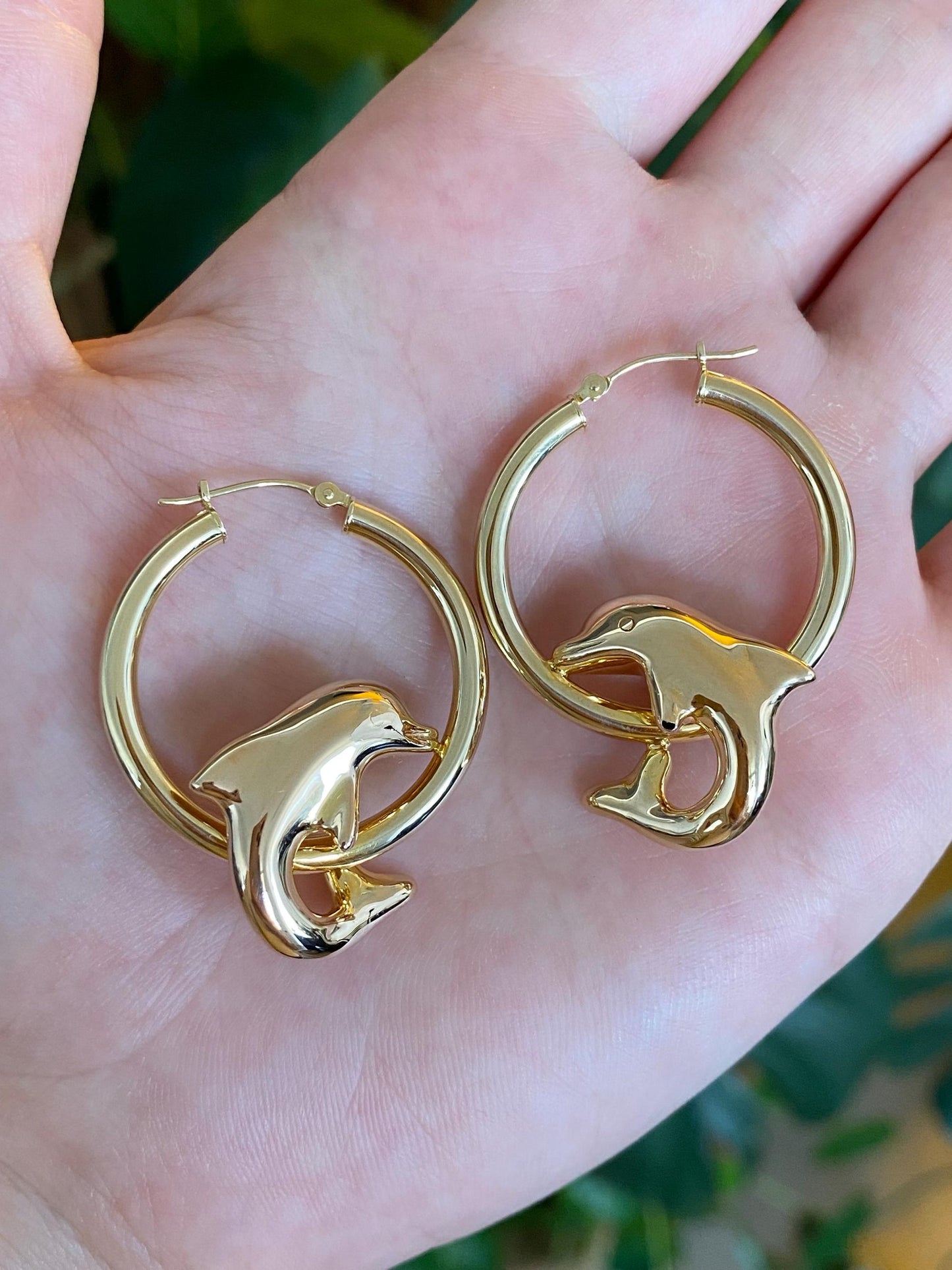 Vintage 14k Yellow Gold Dolphin Hoop Earrings